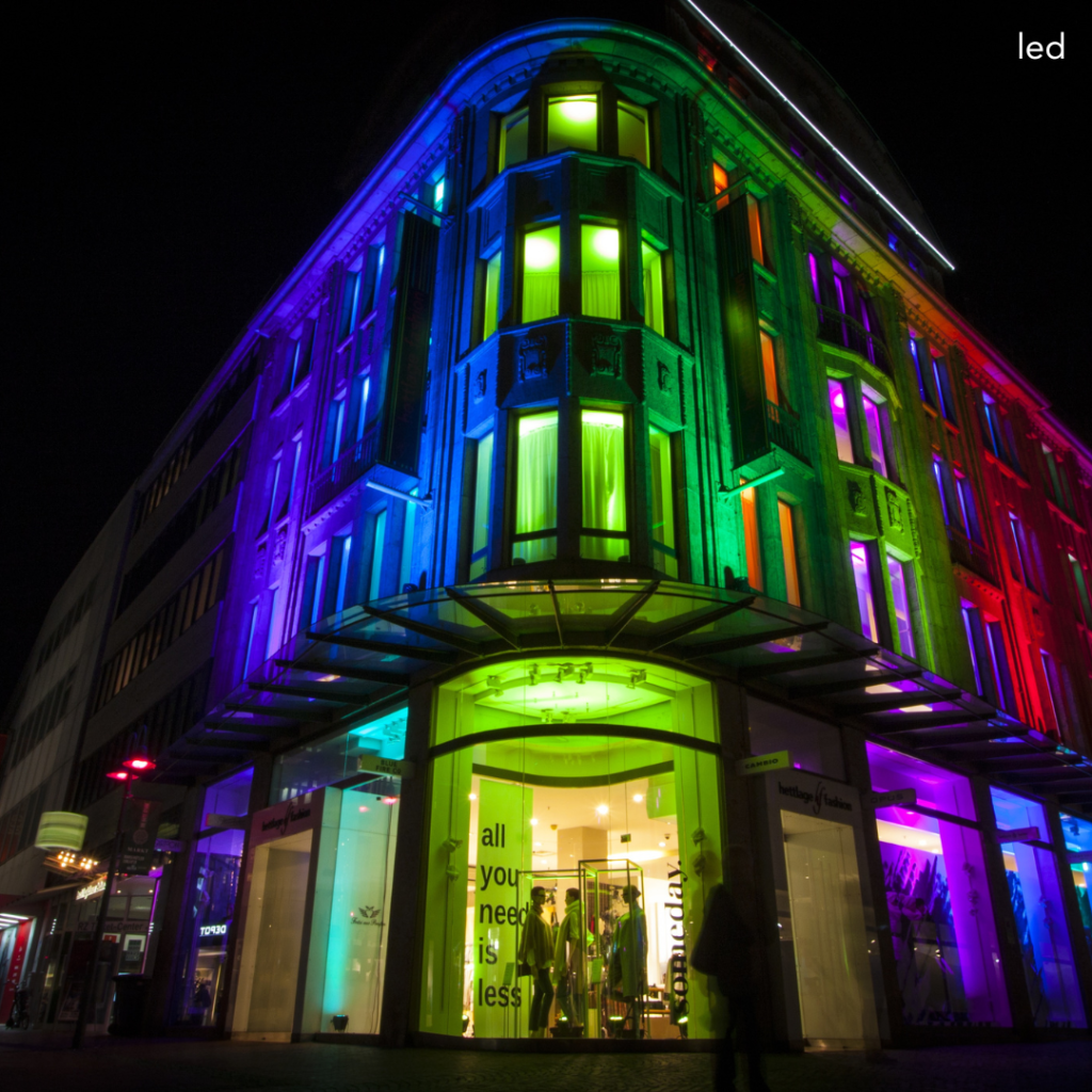 Chic boutique building exterior enhanced by custom LED lighting, Irving LED Lights