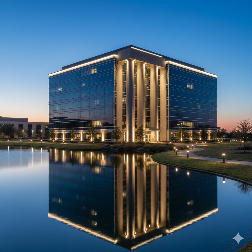 Architectural LED lighting on corporate campus building in Las Colinas Irving Texas at twilight