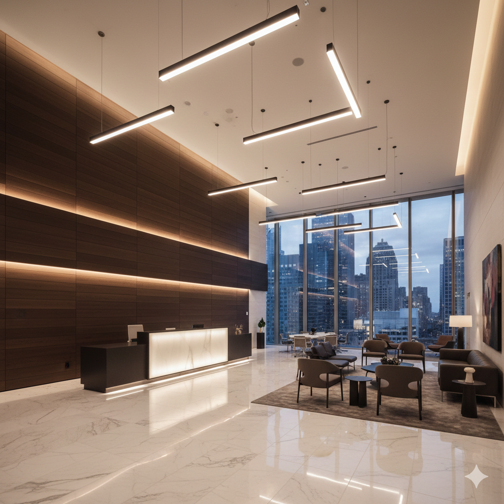 Architectural LED lighting in modern corporate lobby featuring linear pendants and accent lighting in Irving Texas