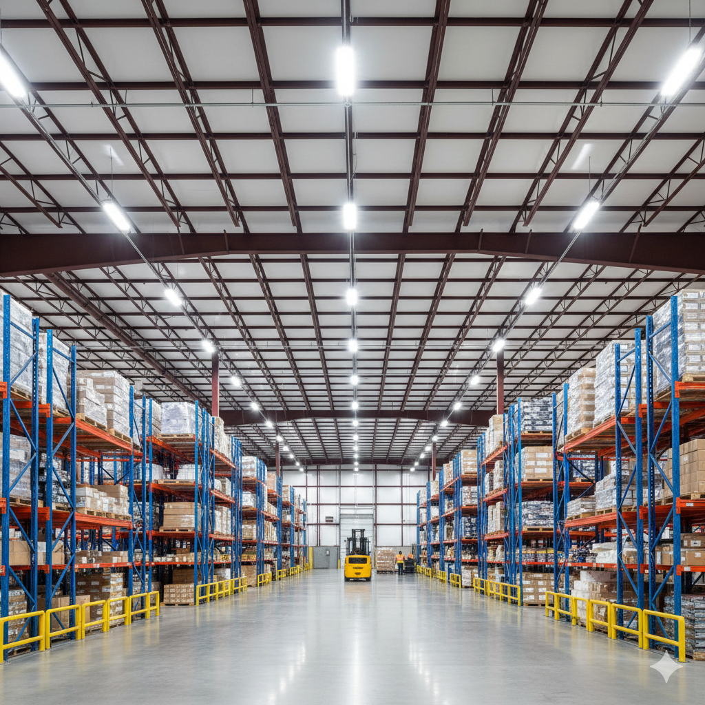 LED high bay lighting installation in Irving Texas distribution center with 30-foot ceilings and uniform illumination