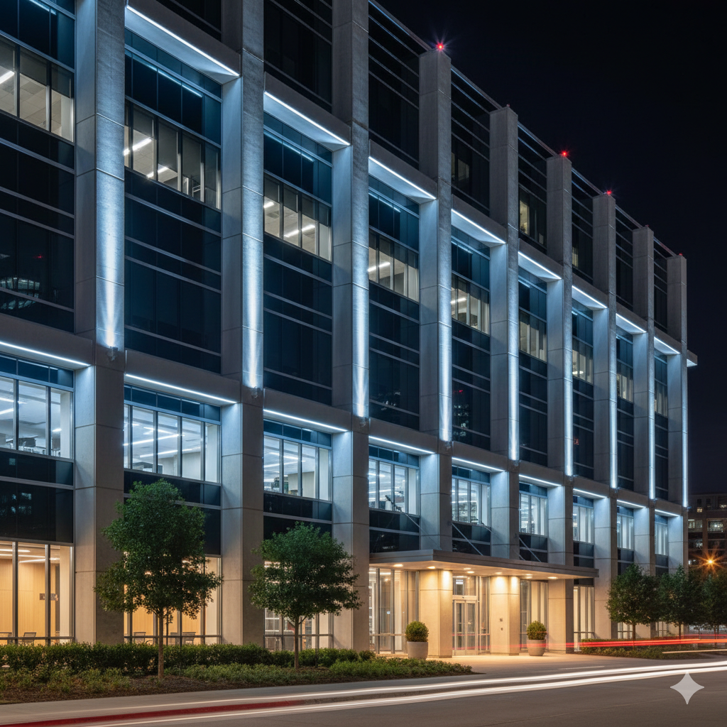 Architectural LED facade lighting on commercial building in Las Colinas Irving Texas at night