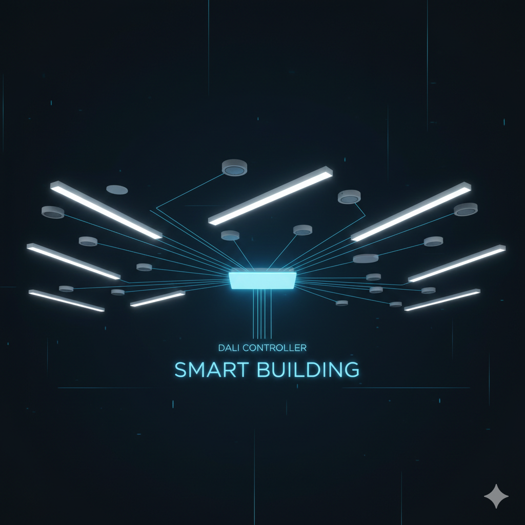 DALI lighting control system showing connected fixtures sensors and controller for commercial buildings