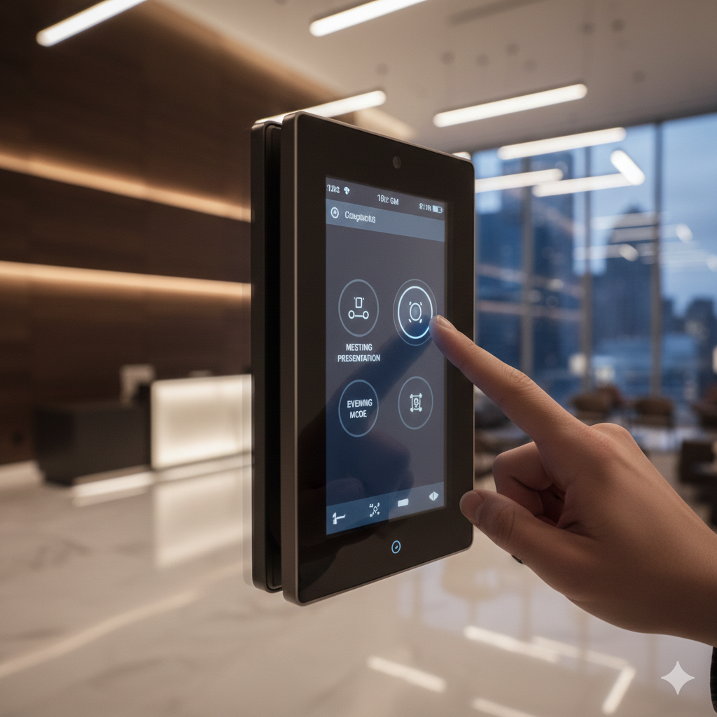 Wall-mounted touchscreen lighting control interface showing scene selection in corporate building