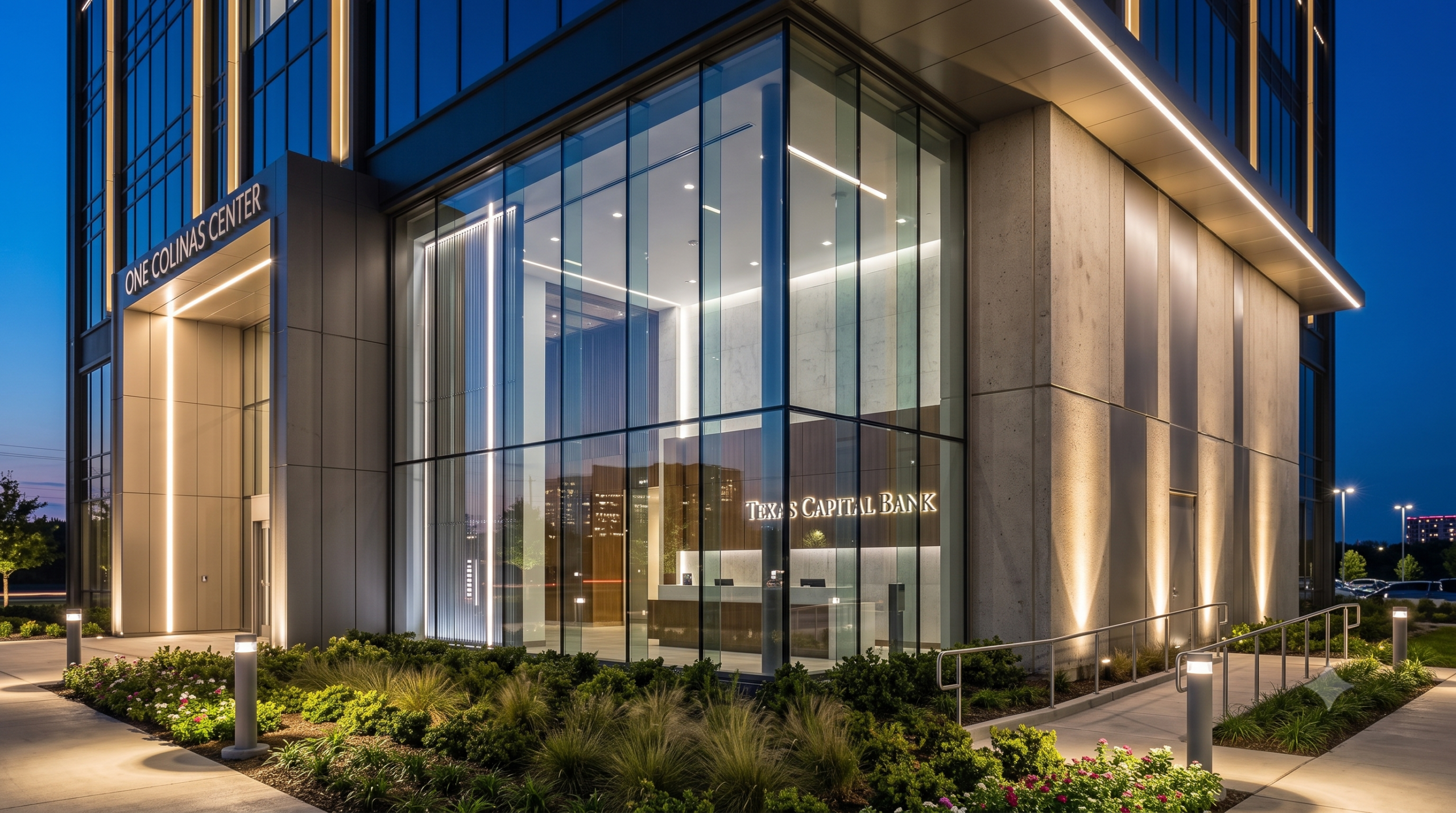 Architectural LED facade accent lighting on commercial building in Irving Texas