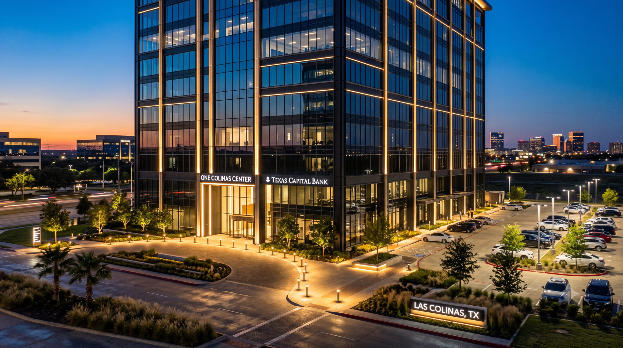 Commercial outdoor LED lighting on corporate campus building in Irving Texas at night
