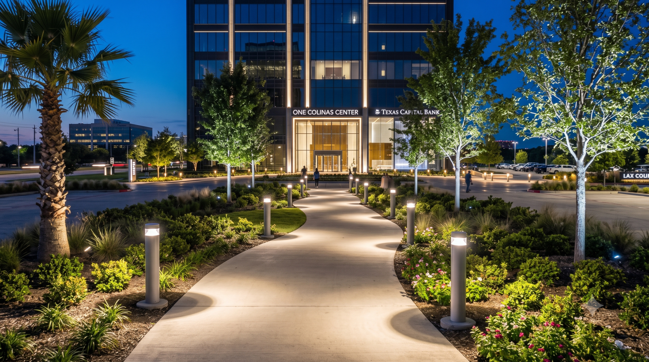 LED landscape and pathway lighting for commercial property walkways in Irving Texas