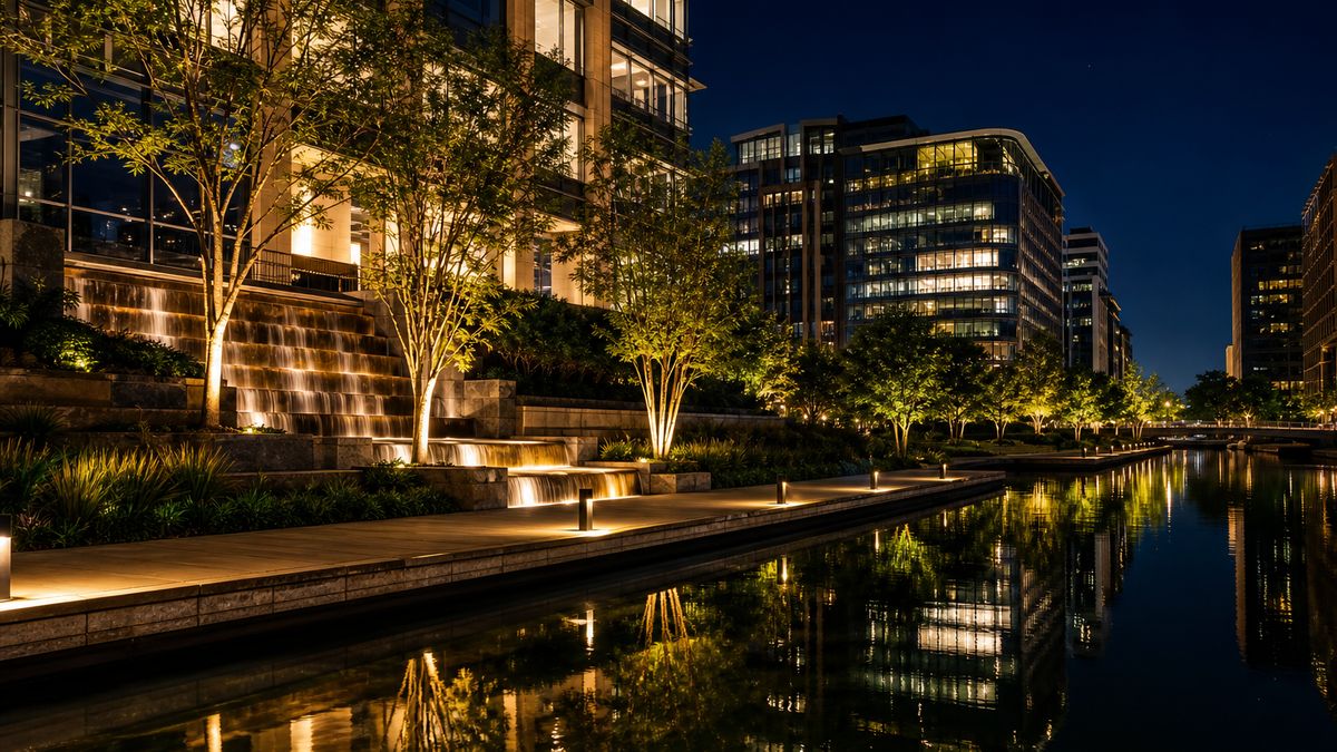 Canal-side plaza in Las Colinas style with lit trees and water feature lighting at night