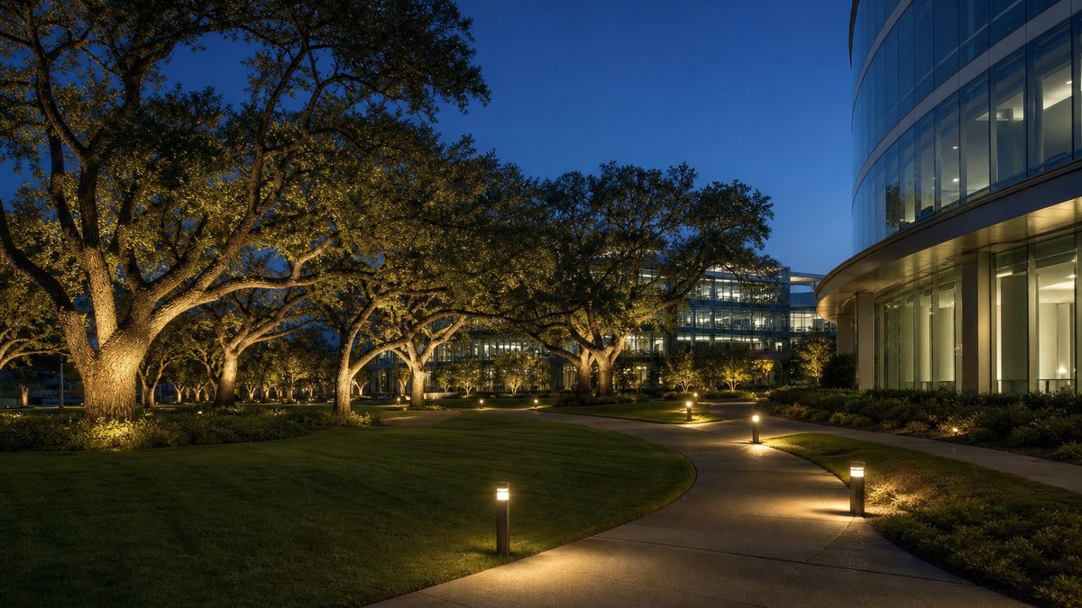 Corporate campus in Irving Texas with commercial landscape lighting on trees and pathways at dusk