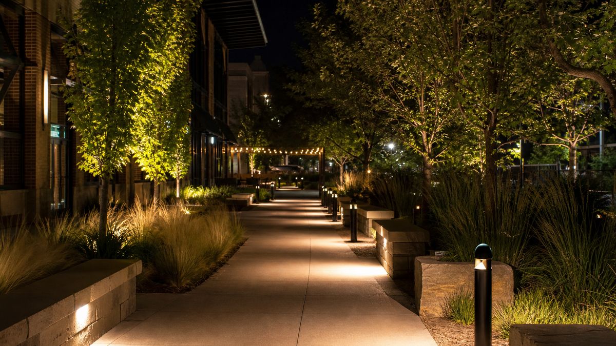 Landscaped walkway with LED bollard lighting and uplit trees at a commercial property