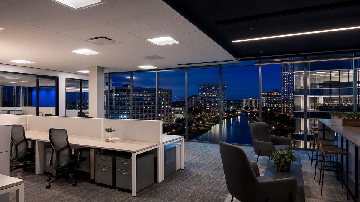 Office building interior in Irving Texas upgraded to affordable commercial LED lighting at dusk
