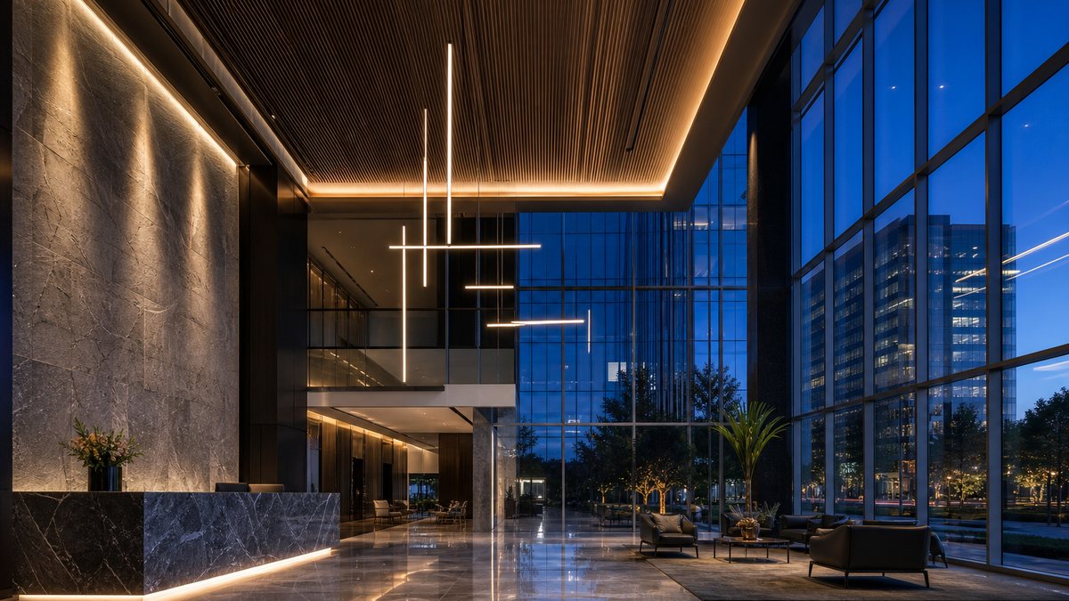 Class A office tower lobby in Las Colinas Irving TX with modern LED cove and pendant lighting at dusk