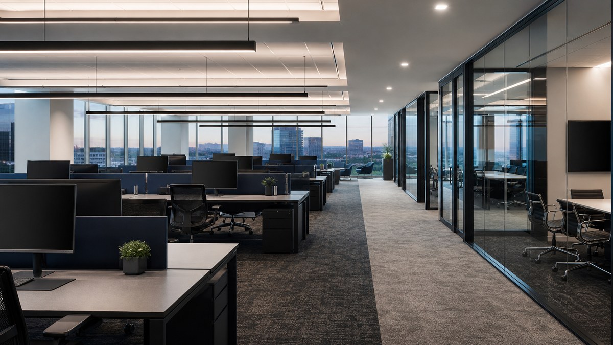 Open plan tenant floor in an Irving Class A office with low-glare linear LED pendant lighting and daylight