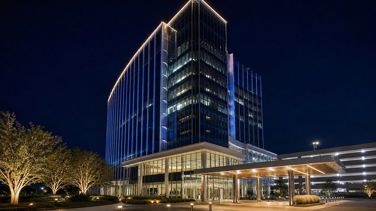 Glass Class A office tower in Las Colinas at night with LED facade and entry canopy lighting