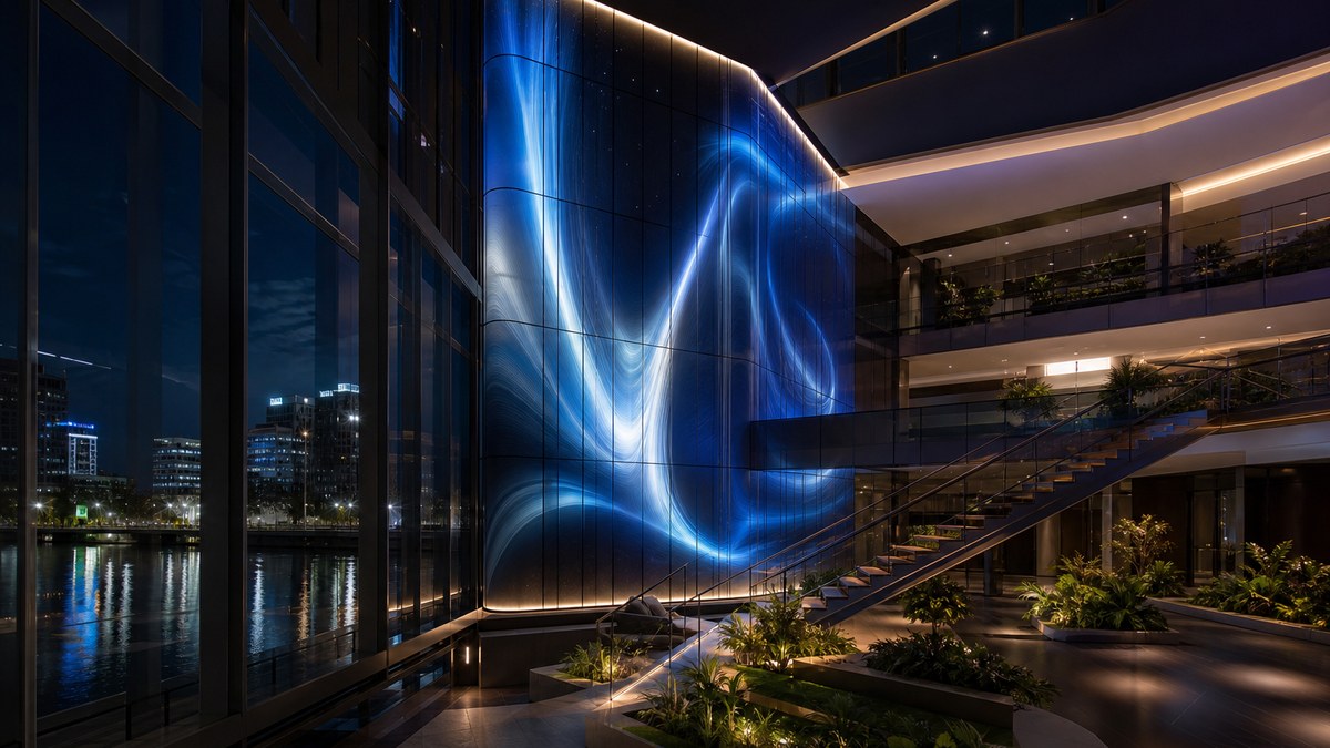 Curved LED video wall in a glass atrium of an Irving Texas office building at night