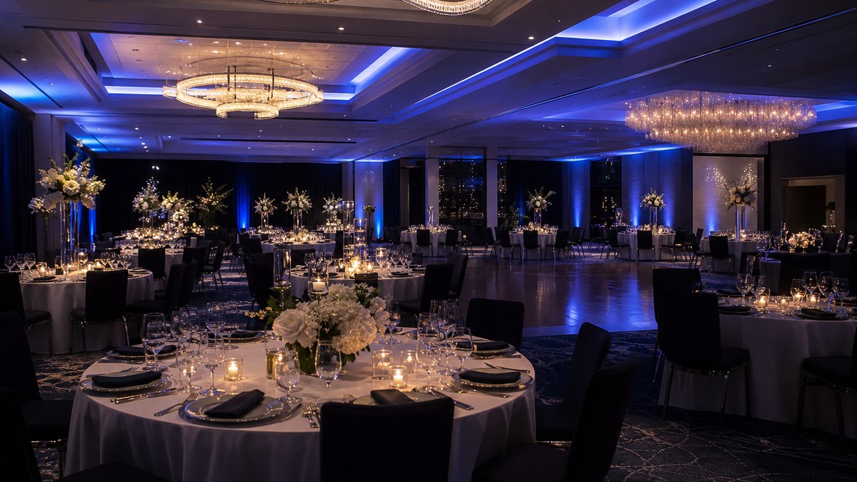 Hotel ballroom in Las Colinas with dimmable LED chandeliers, color-capable cove lighting and event lighting scenes
