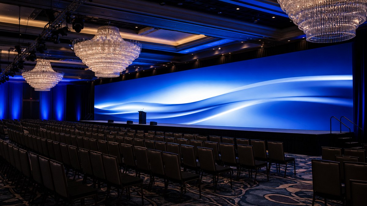 Hotel ballroom with large LED video wall stage backdrop in Irving Texas