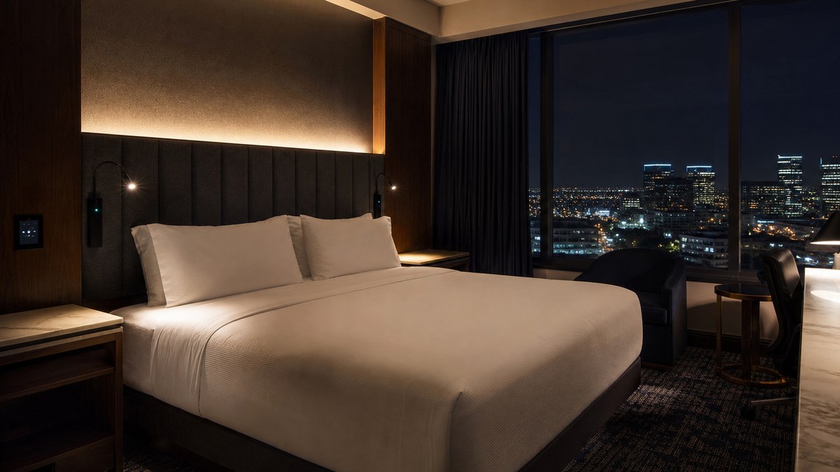 Hotel guest room in Irving Texas with warm LED bedside lighting, headboard accent light and dimmable controls