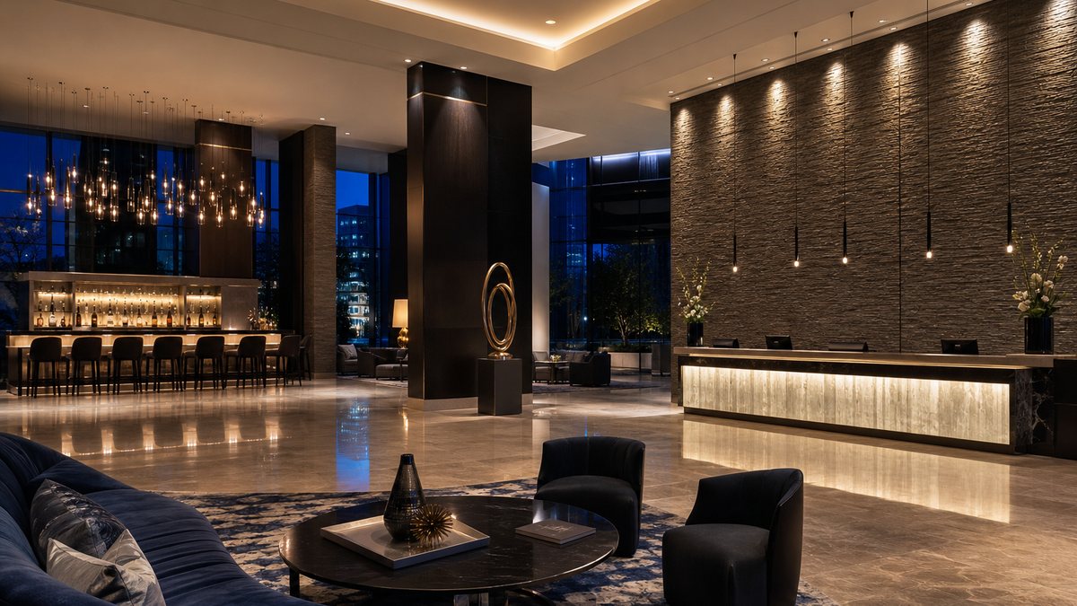 Hotel lighting in Irving TX: modern Las Colinas hotel lobby with warm LED cove lighting and accent lighting at night