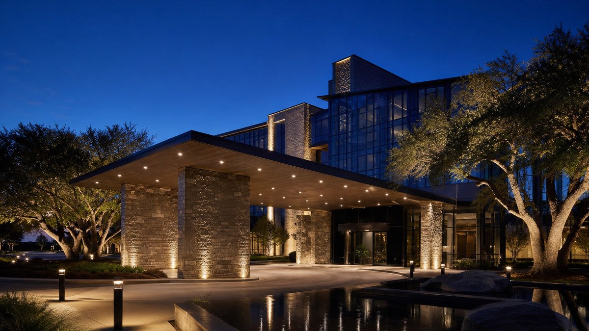 Hotel porte-cochere and facade in Irving TX with LED facade grazing, canopy downlights and landscape lighting at dusk