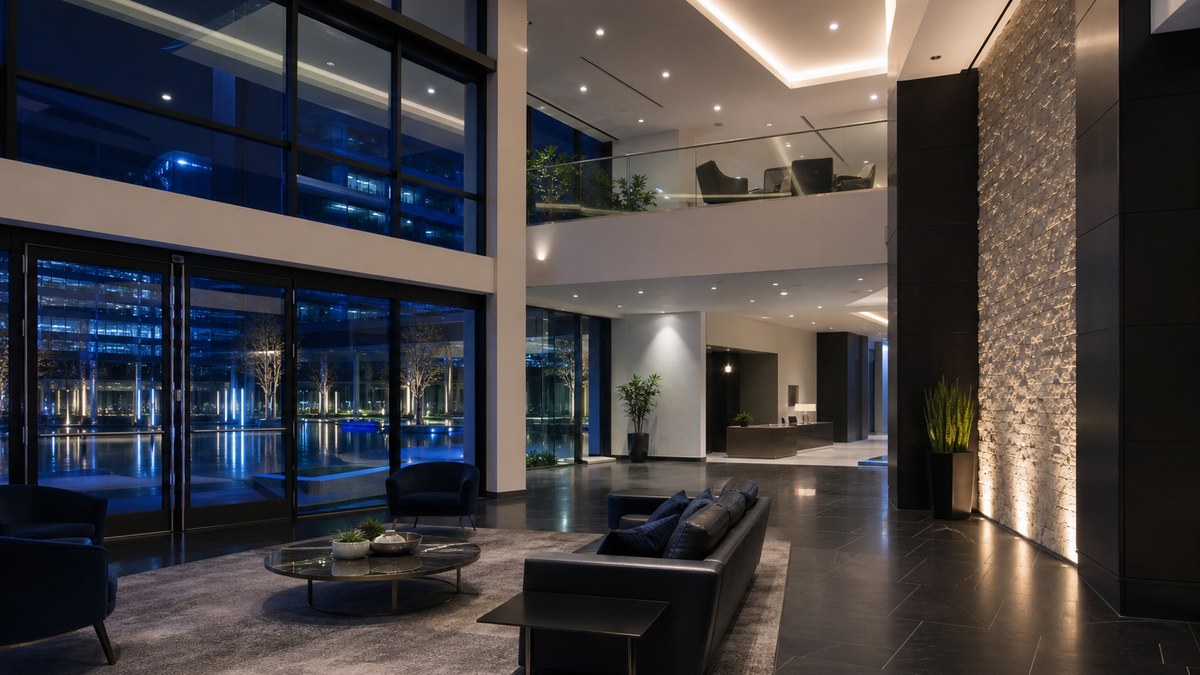 Las Colinas office lobby with modern LED lighting after a phased budget-friendly upgrade