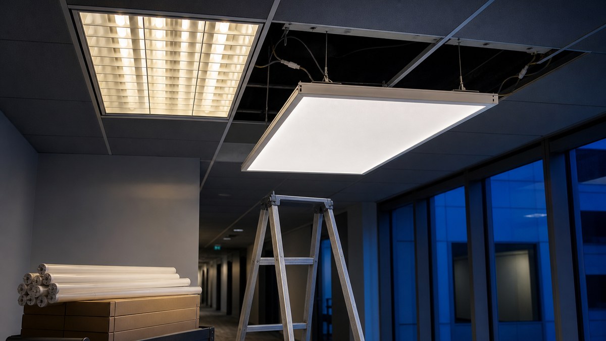 Old fluorescent troffer next to a new LED retrofit panel during an Irving commercial lighting upgrade