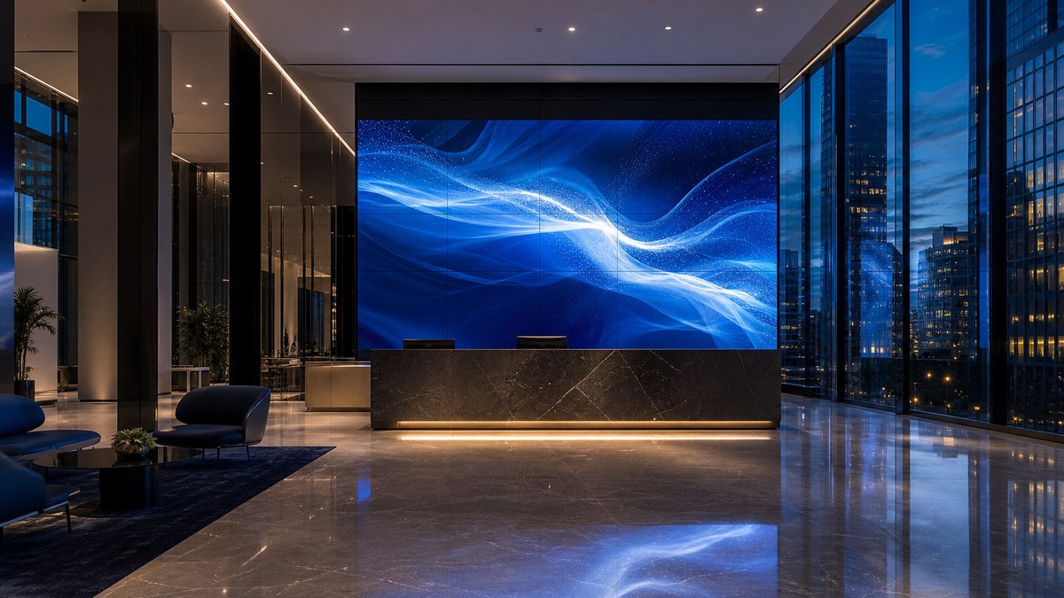 LED video wall in a modern corporate lobby in Irving Texas at dusk