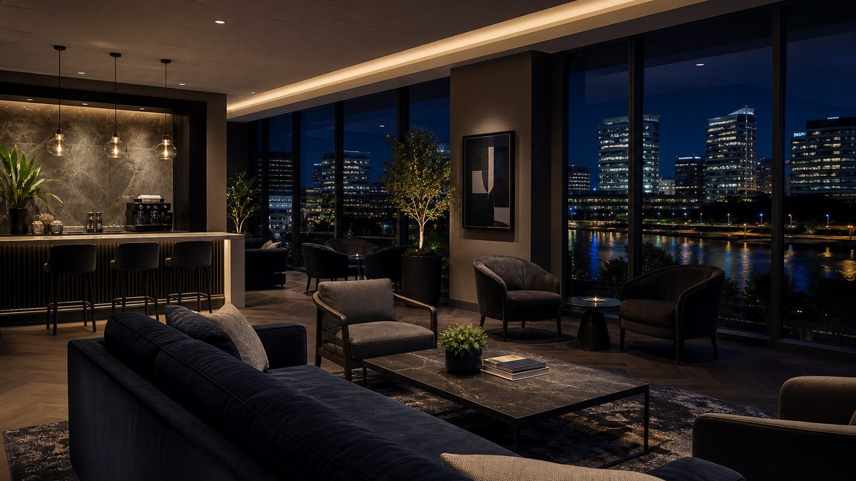 Tenant amenity lounge in an Irving office building with warm dimmable LED lighting scenes