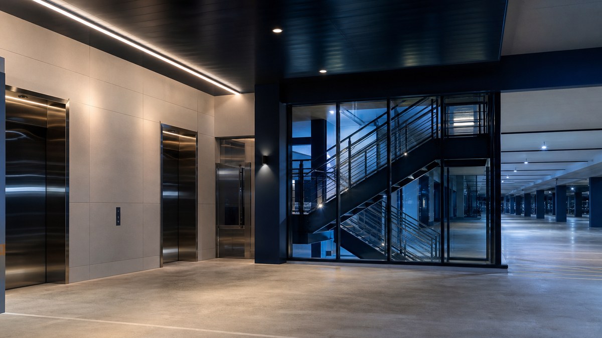 Garage elevator lobby and stair tower with bright low-glare LED lighting in a Las Colinas parking structure