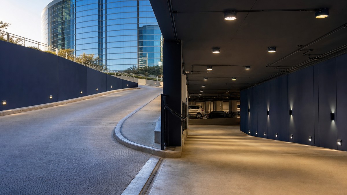 Parking garage entrance ramp with brighter LED transition zone lighting in Irving Texas