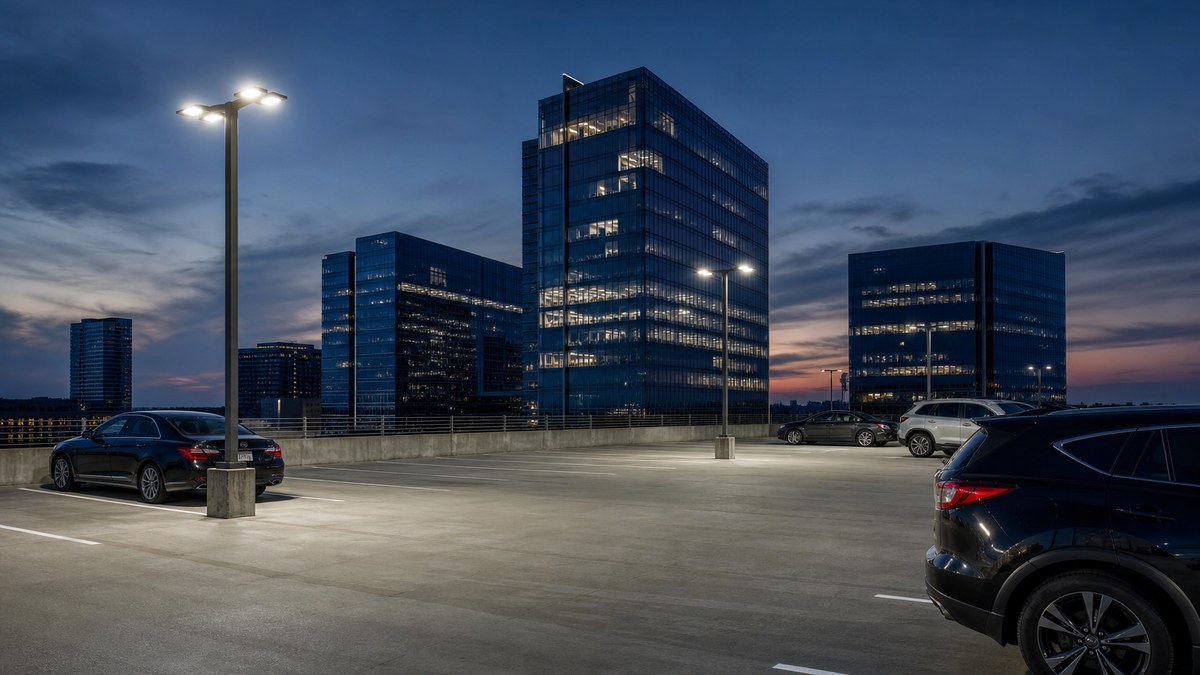 Rooftop parking deck in Irving Texas with full cutoff LED pole lights and the city skyline at dusk