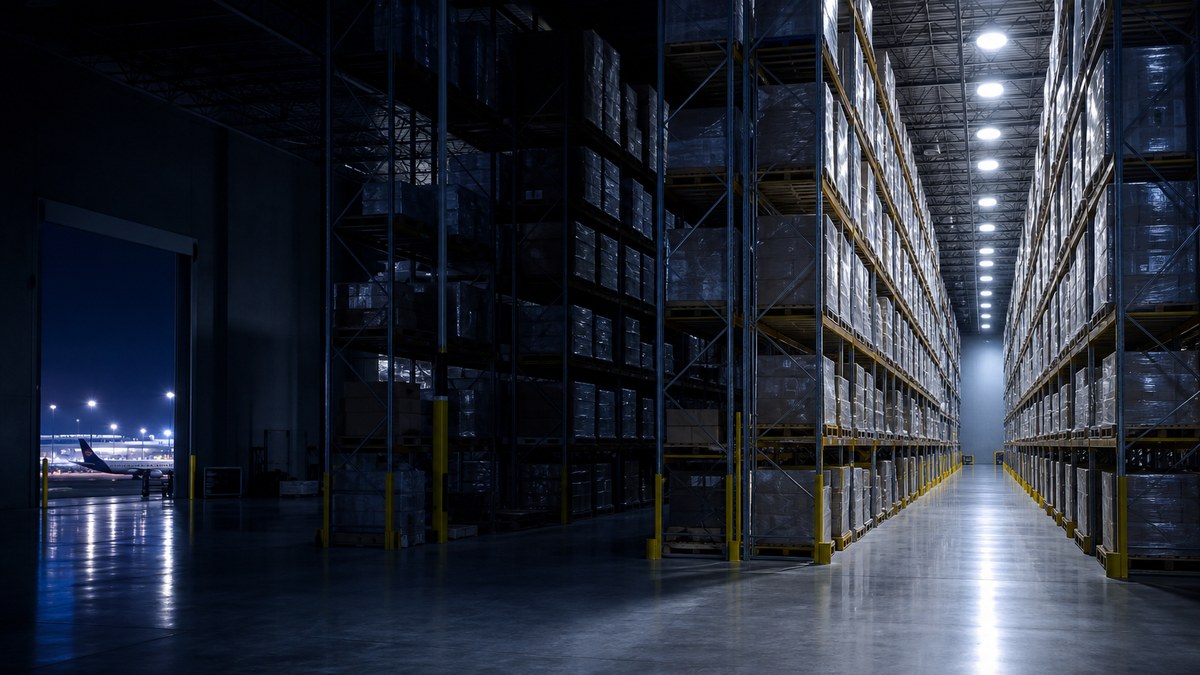 Warehouse near DFW Airport with energy-efficient LED high bay lighting and motion sensors